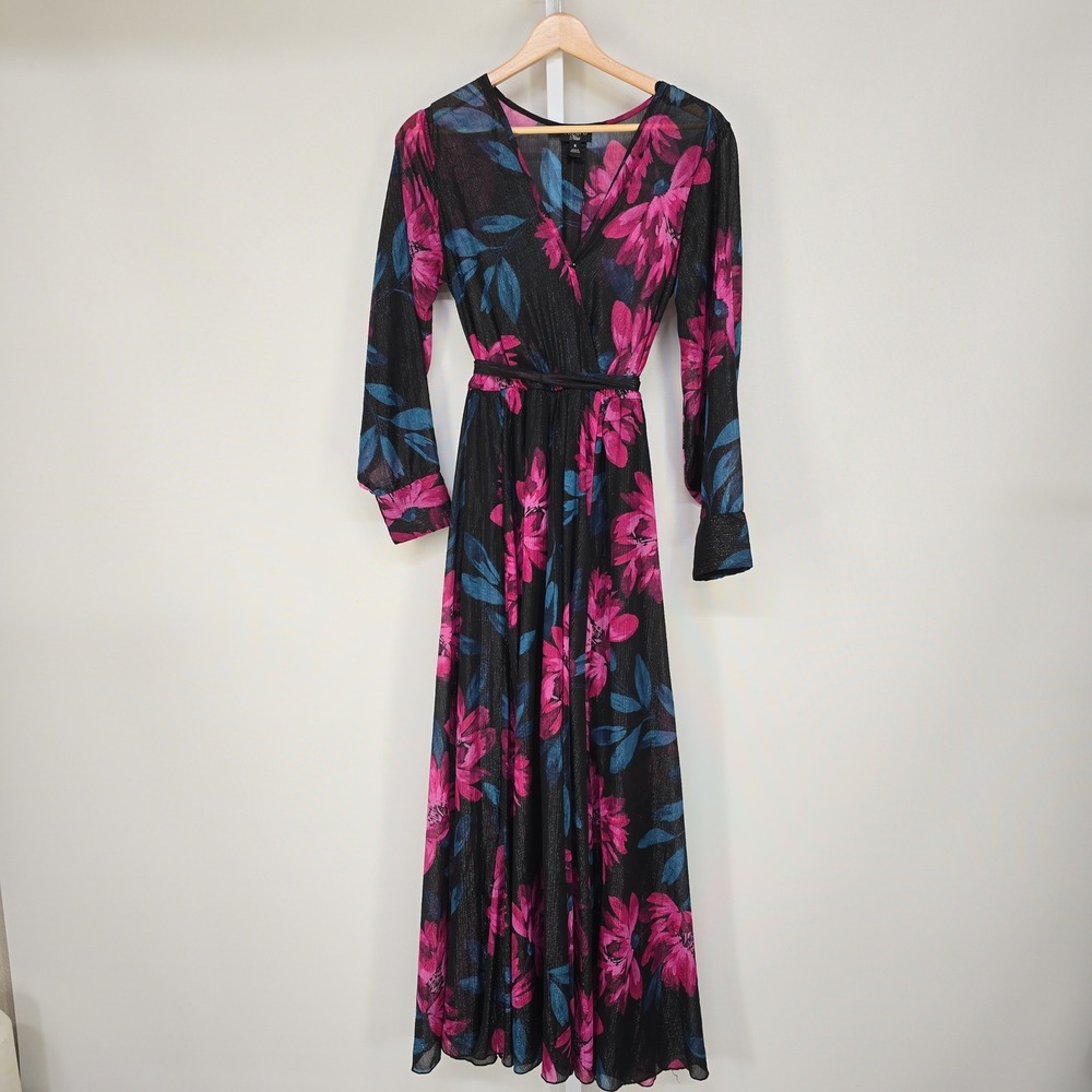 Alexa B Nitos Womens Maxi Dress Black‎ Pink Blue Floral Print Long Sleeve Size 6
